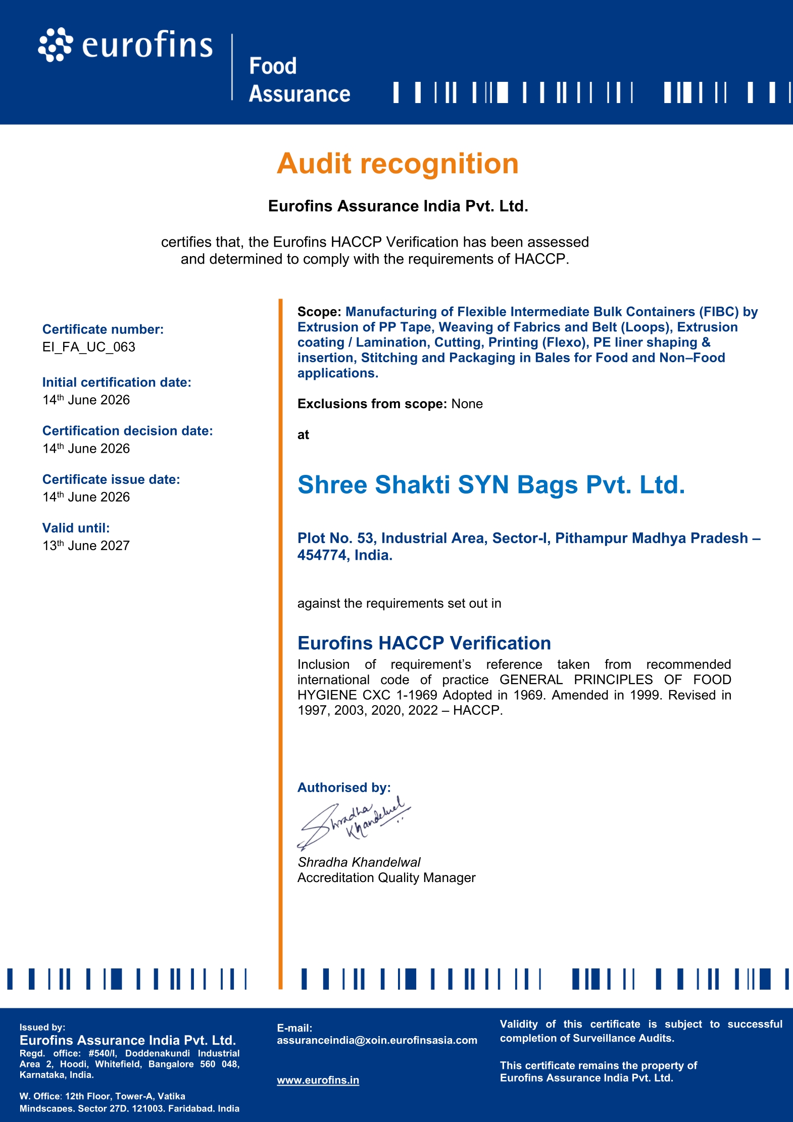 HACCP BRCGS CERTFICATE SHREE SHAKTI SYN BAGS PRIVATE LIMITED