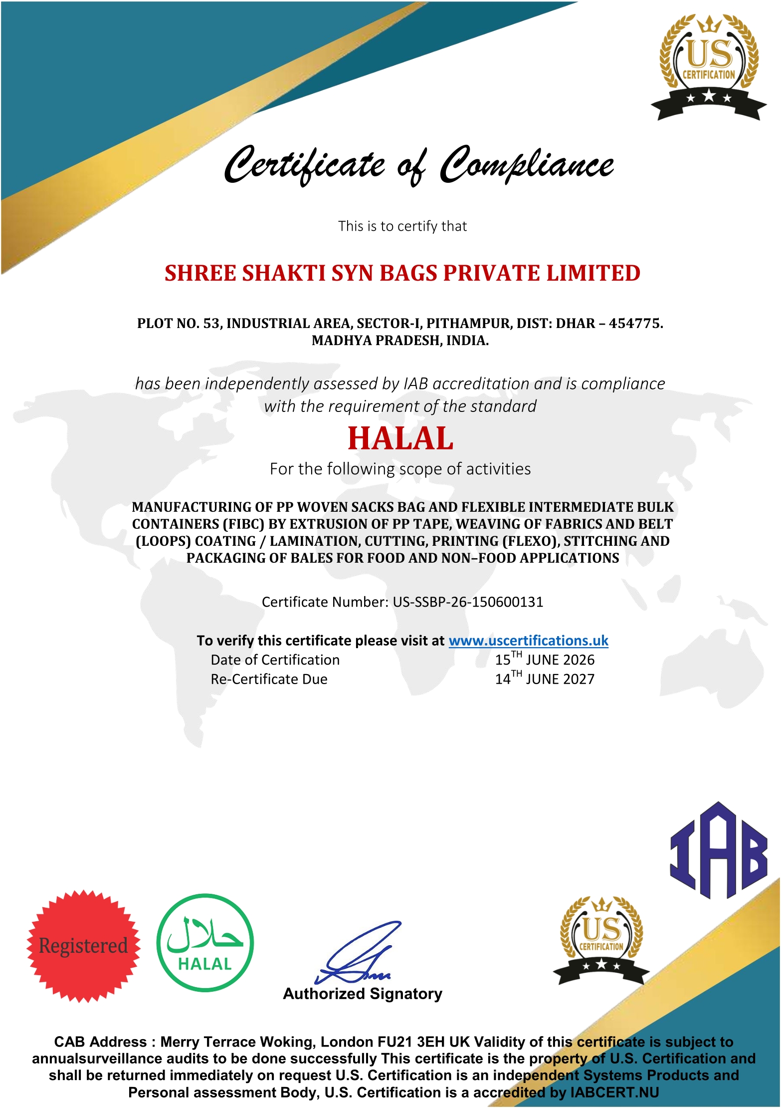HALAL CERTFICATE - SHREE SHAKTI SYN BAGS PRIVATE LIMITED