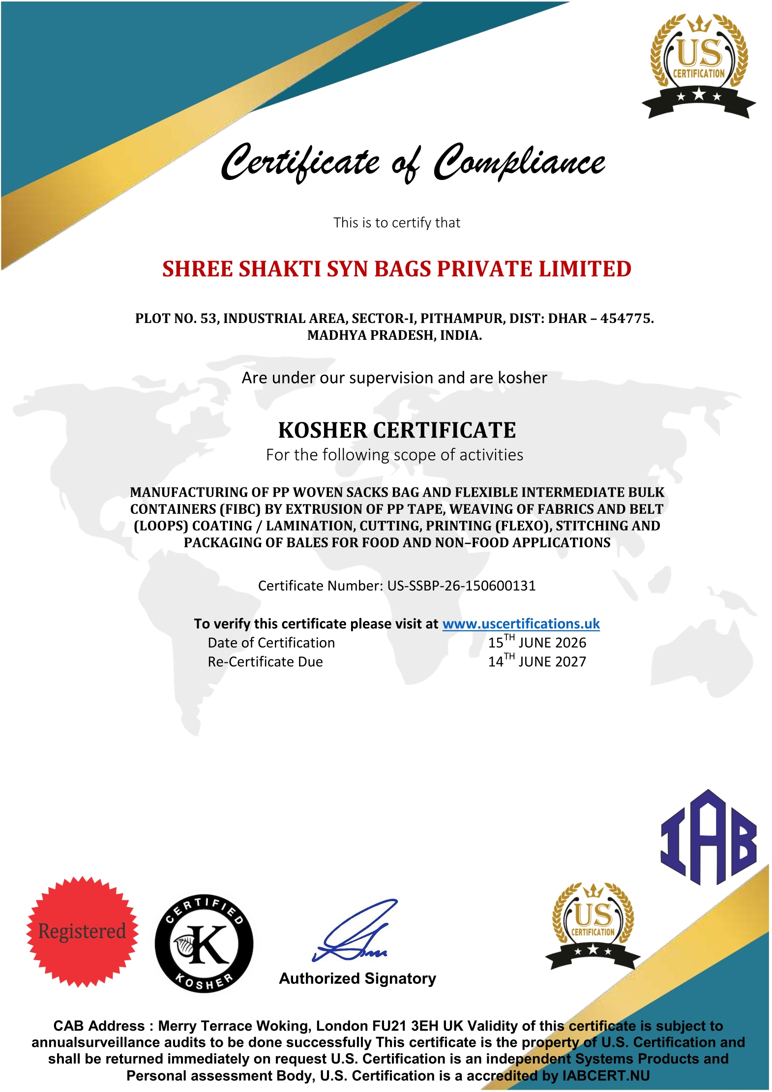 KOSHER CERTFICATE - SHREE SHAKTI SYN BAGS PRIVATE LIMITED
